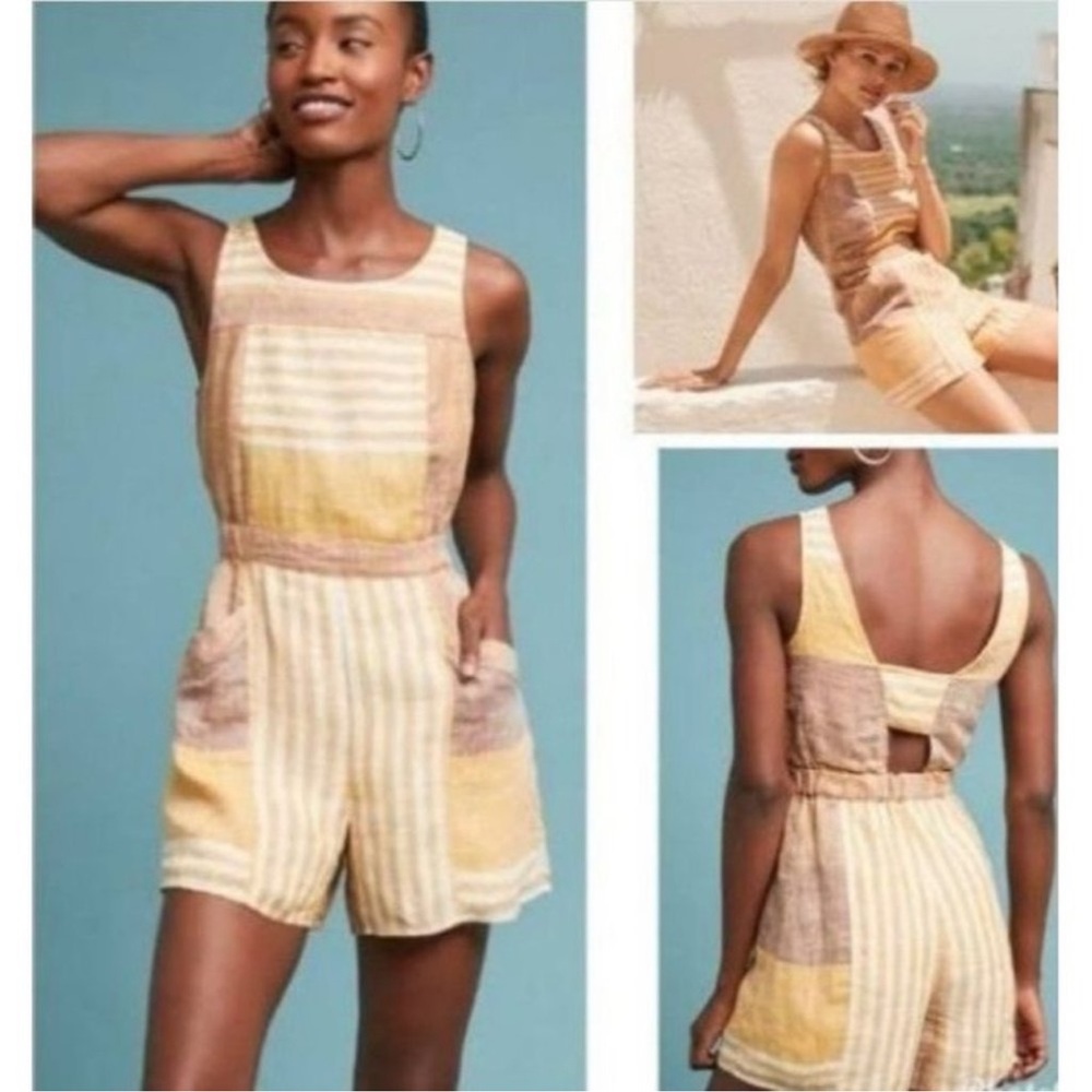 Anthropologie ETT TWA 100% linen wesley romper striped shorts sz 4